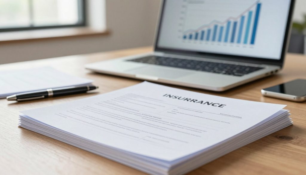 A close-up view of a neatly stacked set of insurance policy documents on a wooden desk. The foreground features a partially open folder revealing detailed policy text and fine print, with a pen resting beside it. In the middle, an elegant, modern laptop displays a financial graph, symbolizing analysis and decision-making. The background subtly shows a well-organized office space with soft, diffused lighting coming from a nearby window, creating a calm and professional atmosphere. The scene is framed from a slight angle to evoke depth, enhancing the focus on the documents. Emphasize a sense of clarity, importance, and professionalism, conveying the essence of decoding complex information efficiently.