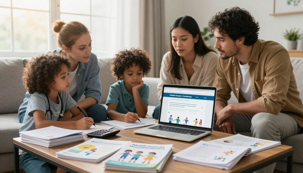 A cozy family living room scene with a diverse family of four—parents and two children—sitting around a coffee table stacked with health and wellness brochures, calculators, and a laptop open to a health insurance comparison website. The parents, dressed in smart casual attire, engage in a discussion while the children draw beside them, illustrating the family’s collaborative approach to healthcare. In the background, a soft-lit window allows gentle sunlight to filter in, creating a warm and inviting atmosphere. Low-angle perspective to emphasize the family dynamic, with a focus on their expressions of concentration and teamwork. Overall, the mood conveys empowerment and solidarity in navigating healthcare options together, highlighting the importance of cost-saving strategies in family health coverage.
