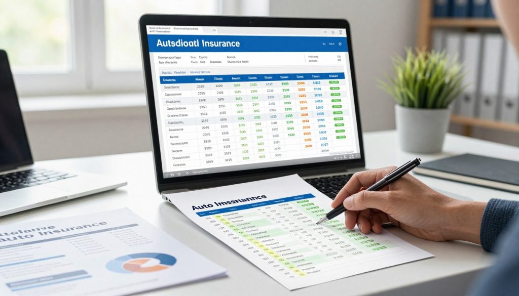 A detailed auto insurance comparison spreadsheet filled with colorful, clearly defined rows and columns. The foreground showcases various categories like coverage type, cost, deductible, and customer rating, all organized neatly. The middle of the image features a computer screen displaying the spreadsheet, with a pair of professional-looking hands inputting data using a sleek pen. The background includes a well-lit office setting with soft, natural light filtering through a window, highlighting a minimalist desk with a laptop, insurance brochures, and a potted plant. The overall atmosphere is one of focus and professionalism, conveying efficiency and clarity in comparing auto insurance features.