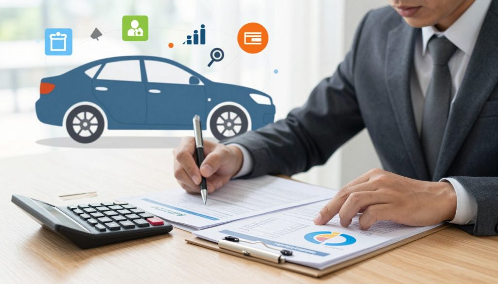 A detailed illustration depicting various auto insurance coverage amounts. In the foreground, a calculator and a notepad filled with numbers and charts representing different policy limits. In the middle ground, a professional-looking person in business attire is analyzing the information, appearing focused and thoughtful. In the background, a stylish, abstract representation of a car with various icons symbolizing different coverage types, such as liability, collision, and comprehensive insurance, illustrated in a clear and engaging way. The lighting is bright and natural, creating a sense of clarity and focus. The overall atmosphere is informative and professional, aiming to convey a sense of guidance and understanding in navigating auto insurance options.