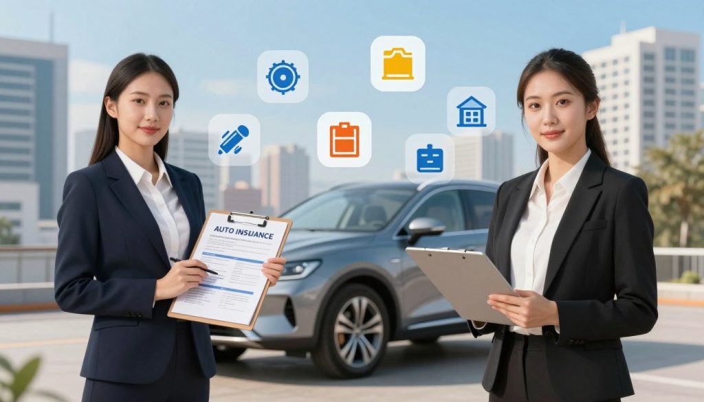 A detailed illustration of an auto insurance coverage scene, showcasing various types of coverage options. In the foreground, a professional woman in a smart business outfit stands confidently holding a clipboard filled with coverage details, symbolizing knowledge and guidance. In the middle ground, a modern car is parked, with various icons representing coverage options (like collision, liability, and comprehensive) floating around it. The background features a cityscape with tall buildings and a clear blue sky, conveying a sense of security and trust. Soft, warm lighting enhances the atmosphere, highlighting the importance of understanding auto insurance. Use a wide-angle lens to capture the full scene, ensuring clarity of both the figures and the icons. The mood is informative and reassuring.