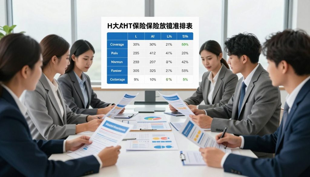 A detailed, informative scene depicting a health insurance plans comparison. In the foreground, a diverse group of professionals in business attire is seated around a large table, studying colorful brochures and charts showcasing various health insurance plans. In the middle ground, a clear, organized infographic displays comparison metrics between different plans, such as coverage, costs, and benefits. The background features a bright, modern office setting with large windows letting in natural light, creating a welcoming atmosphere. The lighting is soft yet bright, highlighting the engaging discussions among the professionals. The overall mood is focused and collaborative, conveying a sense of initiative and clarity about health insurance enrollment and life changes.