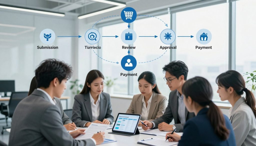 A futuristic and professional depiction of the health insurance claims process, illustrating various stages in a clear, organized manner. In the foreground, a diverse group of professionals in business attire collaborate around a digital tablet, analyzing claim documents and charts. In the middle, a flowchart showcases key steps like submission, review, approval, and payment, with icons for each step prominently displayed. The background features a sleek, modern office environment with large windows allowing natural light to flood the scene, creating a bright and optimistic atmosphere. Use a slightly elevated angle to capture the action involved in this process. The overall mood should be one of clarity, efficiency, and professionalism, emphasizing the structured flow of the health insurance claims process.