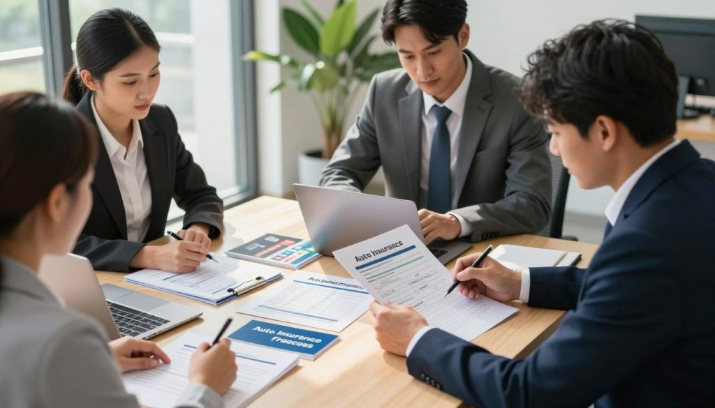 A modern office setting showcasing the auto insurance application process. In the foreground, a diverse group of three professionals dressed in business attire are gathered around a table, discussing documents and using a laptop. One person is filling out a form while the others observe, highlighting teamwork and collaboration. In the middle ground, various auto insurance application materials like pamphlets, brochures, and a checklist are neatly organized. The background features a large window with natural daylight filtering in, creating a warm and inviting atmosphere. Soft shadows are cast on the table, and a potted plant adds a touch of greenery to the scene. The camera angle is slightly elevated, capturing an overview of the interactions and efforts involved in the insurance application process.