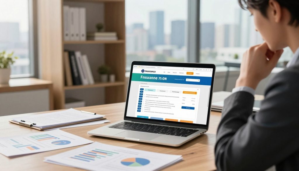 A modern office workspace with a sleek laptop open on a desk, displaying a colorful insurance comparison website. In the foreground, a professional-looking individual in business attire is intently analyzing different insurance plans on the screen, with a thoughtful expression. Surrounding the desk are various documents with charts and graphs illustrating coverage options. The middle ground features a stylish bookshelf filled with finance and insurance-related books. In the background, a panoramic view of a city skyline is visible through a large window, bathed in soft, natural sunlight that creates a warm and inviting atmosphere. The overall mood conveys professionalism, clarity, and focus on decision-making, highlighting the importance of comparing insurance options online.
