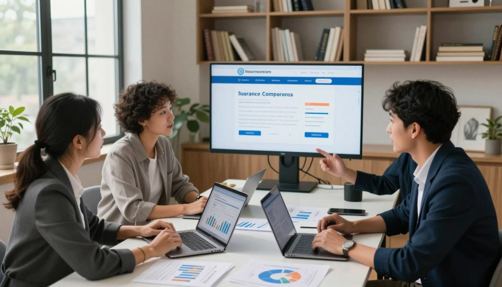 A modern, stylish home office setting illuminated by soft, natural light streaming through a large window. In the foreground, a diverse group of three professionals, a woman and two men, are seated around a sleek table, engaged in an animated discussion. They are dressed in business casual attire, surrounded by laptops and digital devices displaying various insurance plan options. On the table, visual graphs and charts are spread out, illustrating comparisons. In the middle ground, a large screen shows a user-friendly insurance comparison website. The background features bookshelves filled with resources on finance and insurance, enhancing the professional atmosphere. The mood is dynamic and collaborative, reflecting the importance of informed decision-making. The camera angle is slightly elevated to capture the entire scene, providing a clear view of the faces and their expressions.