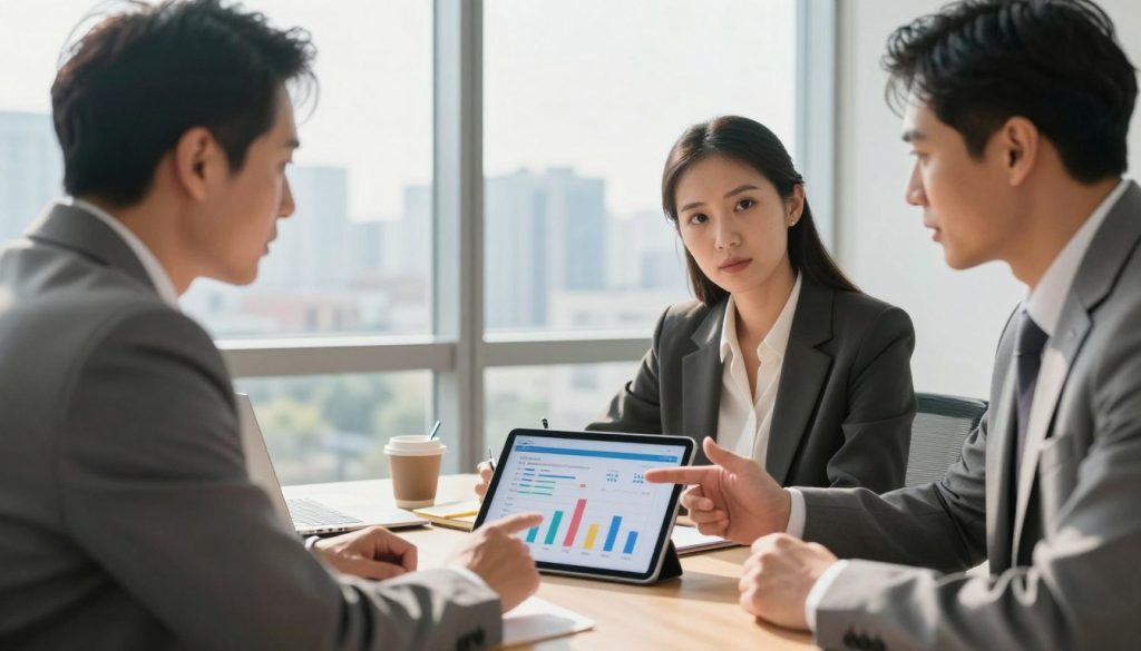 A professional business meeting scene in a modern office, featuring a diverse group of three professionals engaged in a serious discussion. In the foreground, a middle-aged man in a tailored suit gestures towards a digital tablet displaying simplified charts and graphs representing insurance ratings. In the middle, a woman in business attire takes notes, her focused expression highlighting the importance of evaluating company reputation. In the background, large windows reveal a city skyline, with soft natural sunlight flooding the room, creating an atmosphere of transparency and trust. Use a warm color palette to evoke a sense of professionalism and reliability, captured from a slightly elevated angle to emphasize collaboration and engagement among the subjects.