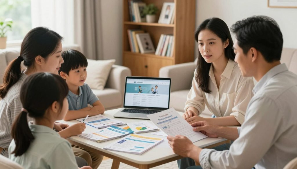 A professional family meeting in a cozy living room, discussing healthcare needs. In the foreground, a diverse family (parents and two children) sits together, looking at a document and engaged in conversation. The parents are in smart casual attire, and the children are dressed modestly. In the middle ground, a table is adorned with health insurance brochures and a laptop displaying a healthcare website. The background features a warm, inviting room with a bookshelf filled with family-friendly titles and a window allowing soft, natural light to cascade in, creating a bright atmosphere. Utilize soft focus to highlight the family while keeping the surrounding elements in gentle detail. The mood is collaborative and informative, focusing on health and well-being.