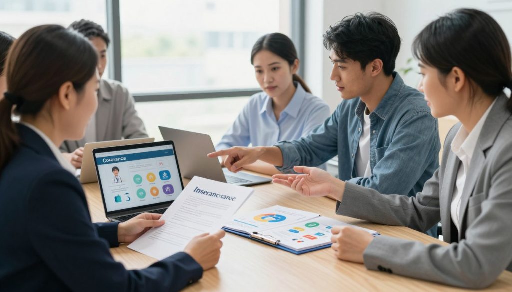 A professional setting depicting a diverse group of individuals discussing health insurance coverage around a large table. In the foreground, a middle-aged woman in a business suit holds a document, highlighting coverage options. Nearby, a young man in smart casual attire points at a laptop screen showing a visual breakdown of medical services covered by insurance. In the middle ground, an open folder displays charts and infographics illustrating coverage basics, with colorful icons representing various medical services—doctor visits, surgeries, and medications. The background features a well-lit office with a large window letting in soft, natural light. The mood is collaborative and informative, emphasizing clarity and understanding.