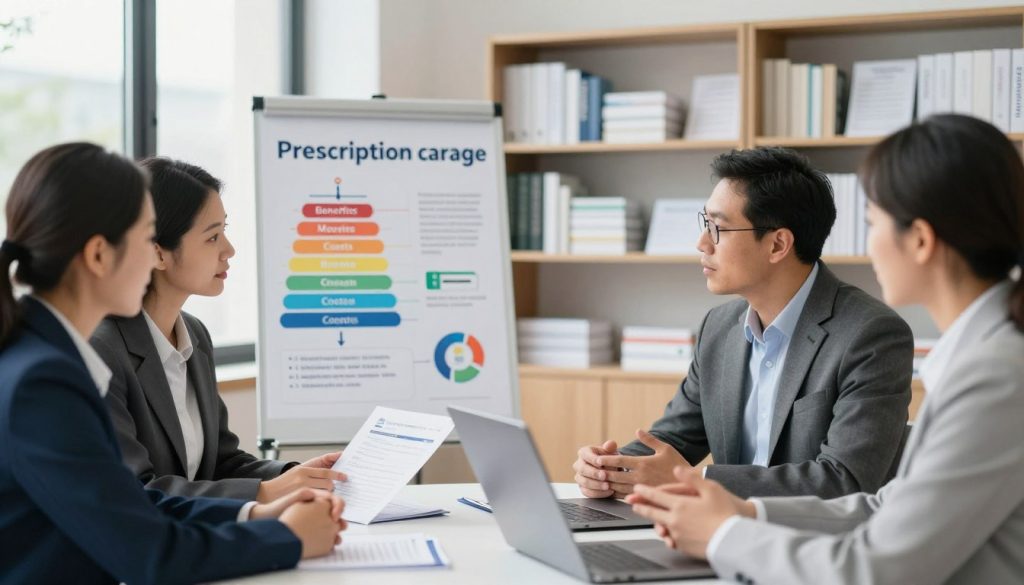 A professional setting illustrating the concept of prescription drug coverage. In the foreground, a diverse group of three individuals in business attire are engaged in discussion around a table with documents and a laptop. The middle ground features a large visual aid or infographic showing key elements of prescription drug coverage, highlighting benefits, tiers of medication, and costs, designed with colorful charts and icons. In the background, softly blurred shelves filled with medical books and health documents, conveying an academic and informative atmosphere. Bright, natural lighting coming from a large window creates an inviting and clear ambiance, capturing the essence of professional healthcare discussions. Используйте широкоугольный объектив, чтобы подчеркнуть взаимодействие между участниками и их визуальными материалами.