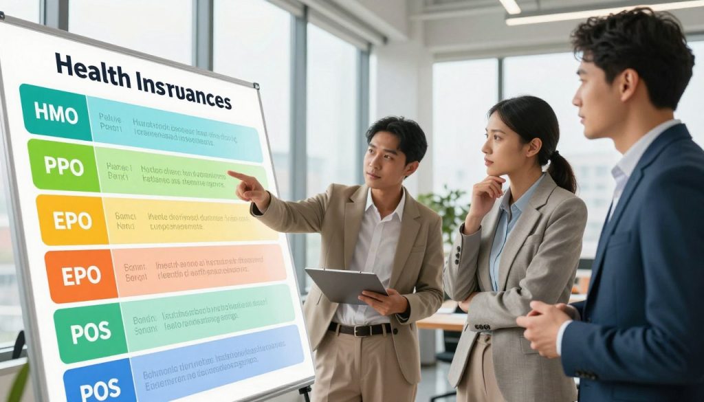 A vibrant and informative scene illustrating a comparison of health insurance plans. In the foreground, display a large, clear infographic with distinct sections, showing various types of insurance plans like HMO, PPO, EPO, and POS. Use contrasting colors for each section to enhance readability. In the middle ground, include a diverse group of three professionals in modest business attire discussing the infographic. One person points to a specific plan while the others engage thoughtfully. The background features a modern office setting with soft natural lighting and tall windows, creating an inviting atmosphere. Use a slightly elevated angle to capture the interaction and the infographic clearly, evoking a sense of clarity and understanding about health insurance.