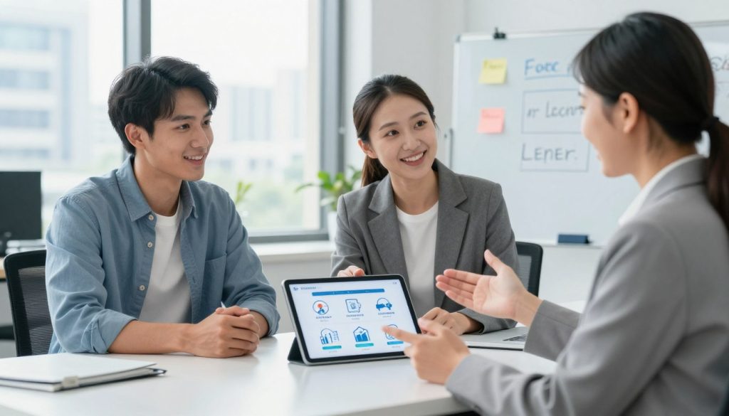 A visually appealing scene depicting a new driver exploring auto insurance options, set in a bright, modern office environment. In the foreground, a young adult in professional casual attire, enthusiastically discussing options with an insurance agent. The agent, wearing a smart business outfit, gestures towards a digital tablet displaying charts and icons illustrating various discounts. In the middle ground, a large window allows natural light to flood the room, revealing a cityscape outside, emphasizing a sense of opportunity. In the background, sleek office furniture and a whiteboard filled with notes about money-saving strategies create a focused atmosphere. The mood should be optimistic and professional, highlighting the excitement of first-time drivers discovering ways to save on their insurance.