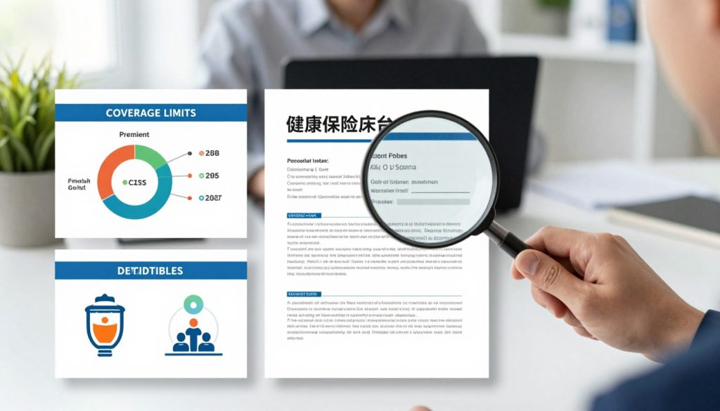 A visually engaging and informative health insurance policy breakdown, showcasing essential components such as coverage limits, premium costs, deductibles, and exclusions. In the foreground, depict neatly organized charts and infographics, with vibrant colors and clear icons to illustrate key points. The middle ground features a magnifying glass focusing on sections of a mock insurance policy, highlighting critical details. In the background, a softly blurred office environment with a professional workspace, including a desk, laptop, and plant, infusing a sense of professionalism and focus. The lighting is bright and natural, simulating a clear daytime atmosphere to enhance clarity and understanding. Aim for a modern, clean aesthetic, ensuring all visual elements convey transparency and reliability in health insurance.