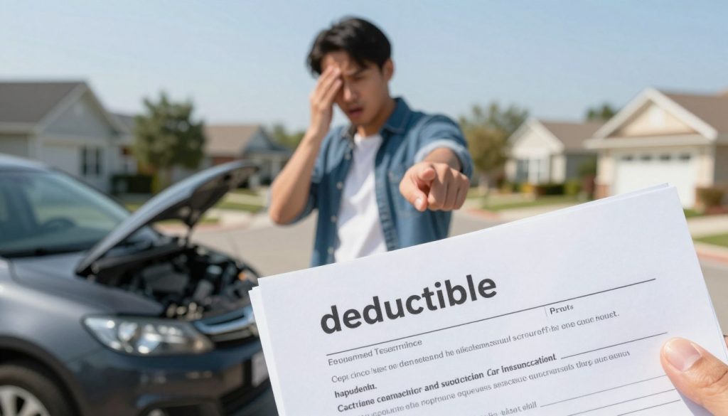 A visually engaging composition illustrating the importance of deductibles in car insurance. In the foreground, show a close-up of a car insurance policy document, emphasizing key terms like "deductible" in bold. In the middle, depict a worried driver standing next to a car with a minor accident, pointing towards the document. Use a soft-focus effect on the driver's face to emphasize their concern about repair costs. In the background, include a serene suburban neighborhood with clear skies, symbolizing the peace of mind that comes from understanding insurance policies. The lighting should be bright and optimistic, conveying a sense of hope while the overall mood balances tension and reassurance. Use a slightly elevated angle to capture both the document and the driver effectively.