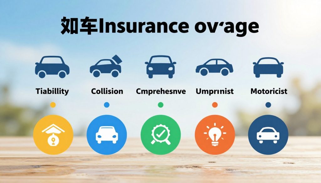 A visually engaging infographic illustrating essential types of auto insurance coverage. In the foreground, include symbolic icons for different coverage types: liability, collision, comprehensive, uninsured motorist, and personal injury protection, each displayed in unique and colorful designs. The middle ground features a well-organized layout with structured sections, each icon labeled clearly and supported by minimal representations of cars or road elements. The background is a soft gradient of blue and white, conveying a professional and trustworthy atmosphere, evoking a sense of security. Natural lighting illuminates the scene, creating a clean and vibrant look. The overall mood should feel educational yet approachable, inviting readers to explore the importance of various insurance types without any distractions or text overlays.