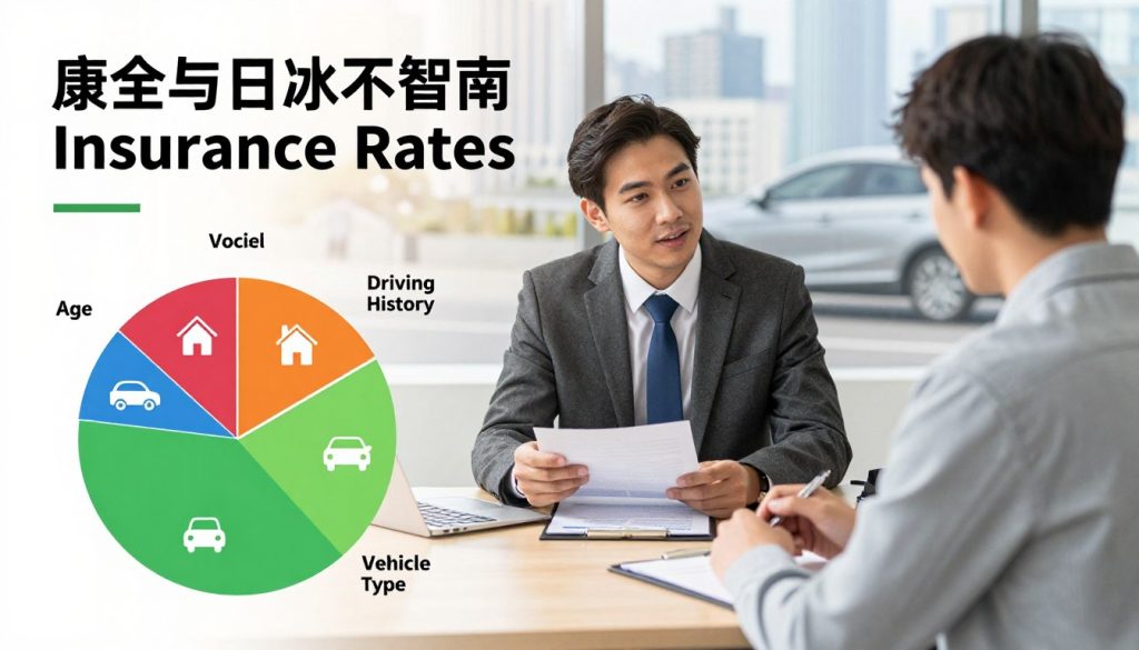 A visually engaging infographic-style image showcasing the factors influencing auto insurance rates. Foreground: a colorful pie chart detailing key factors - age, driving history, location, and vehicle type, each labeled and illustrated with icons (e.g., house for location, car for vehicle type). Middle: an image of a professional agent in business attire discussing these factors with a first-time car owner, sitting at a desk with insurance documents. Background: a soft-focus cityscape scene, symbolizing urban driving conditions, with gentle lighting to convey a warm, informative atmosphere. The overall mood is professional and inviting, encouraging understanding of auto insurance.
