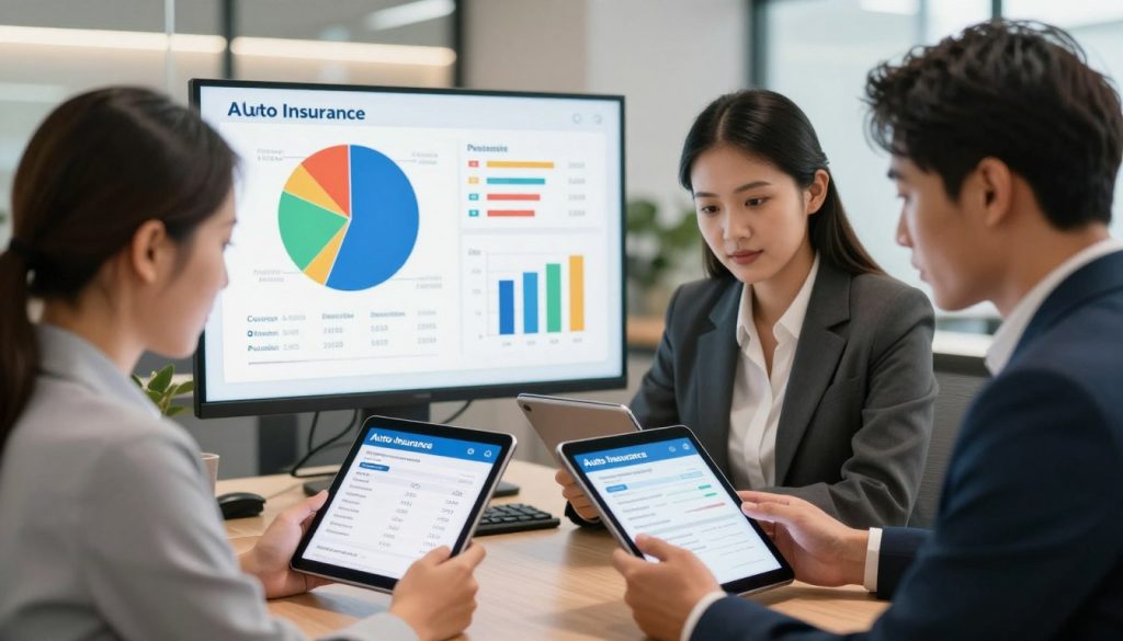A visually engaging scene illustrating the concept of auto insurance comparison. In the foreground, a diverse group of three people in professional business attire are intently reviewing various insurance quotes displayed on digital tablets. The middle ground features colorful pie charts and graphs detailing key insurance features, such as coverage levels, deductibles, and premium costs. In the background, a modern office environment with soft, warm lighting creates a professional yet approachable atmosphere. The camera angle is slightly elevated, capturing both the focused expressions of the individuals and the information on their devices. The mood is informative and collaborative, reflecting a thoughtful analysis of auto insurance options.