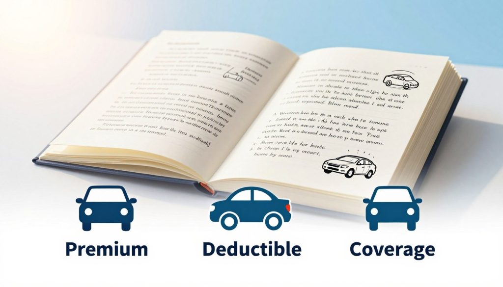 A visually informative illustration of key auto insurance terminology. In the foreground, display a collection of labeled icons representing essential terms like "Premium," "Deductible," and "Coverage," each icon distinct and colorful. The middle ground features an open notebook with handwritten definitions and small sketches related to auto insurance concepts. The background should include a subtle gradient of soft blues and whites, evoking a sense of clarity and professionalism. The lighting is bright and inviting, suggesting a sunny day, with a focus on clarity and readability of all elements. The overall mood should be educational and accessible, ideal for newcomers exploring auto insurance terminology in a beginner-friendly atmosphere.