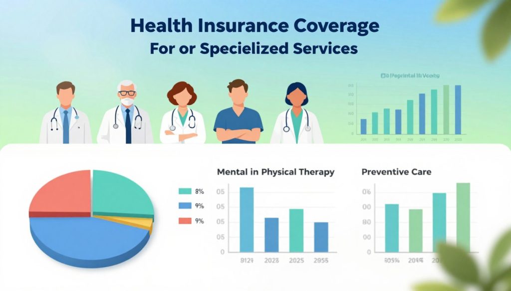 a detailed infographic depicting a breakdown of health insurance coverage for specialized services. In the foreground, display clear, colorful pie charts and bar graphs that illustrate different coverage percentages for various services such as mental health, physical therapy, and preventive care. In the middle layer, include icons representing healthcare professionals, like doctors and therapists, in professional attire to emphasize the specialized services. The background should feature a soft gradient of blues and greens to evoke a sense of trust and calmness. Use natural lighting to create a bright and inviting atmosphere, with a slightly elevated angle to enhance the clarity of the data presentation. Ensure no text or labels are included in the image for a clean visual representation.